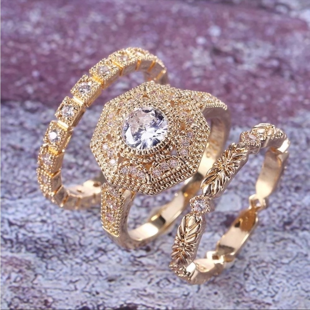 New 3pc/set Yellow Gold Plated Diamond Ring - Picture 3 of 5